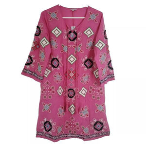 Frances Valentine Capri Embroidered Tunic Dress Pink Small Boho Cruisewear Beach